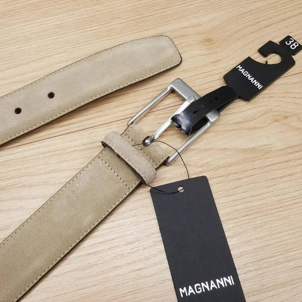 MAGNANNI Belt Mens Size 38 Tan Suede Leather Silver Buckle TELANTE Cream $150